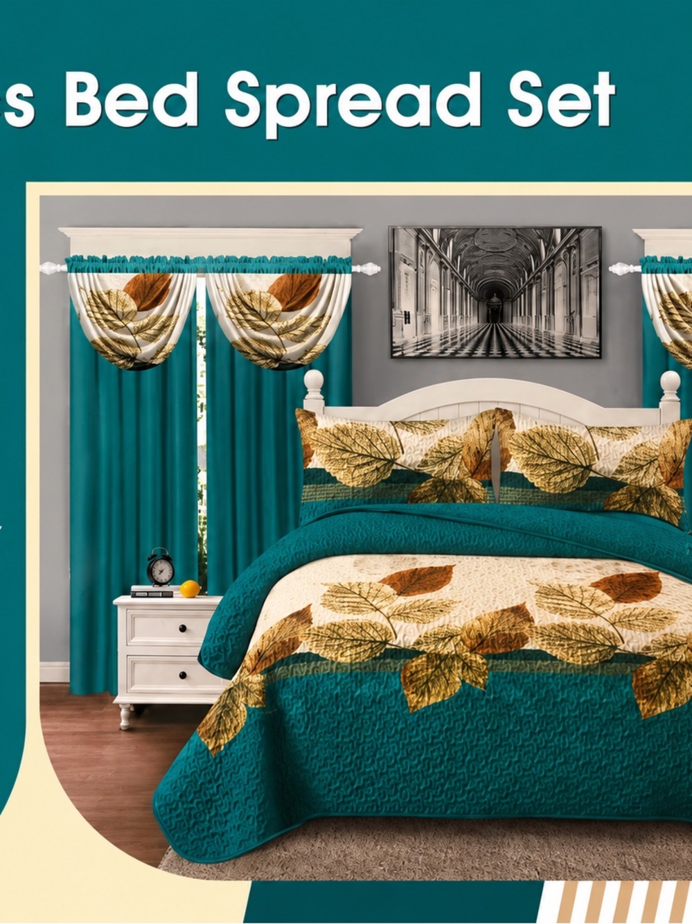 Teal and Cream Leaf Quilt Bedspread Set by